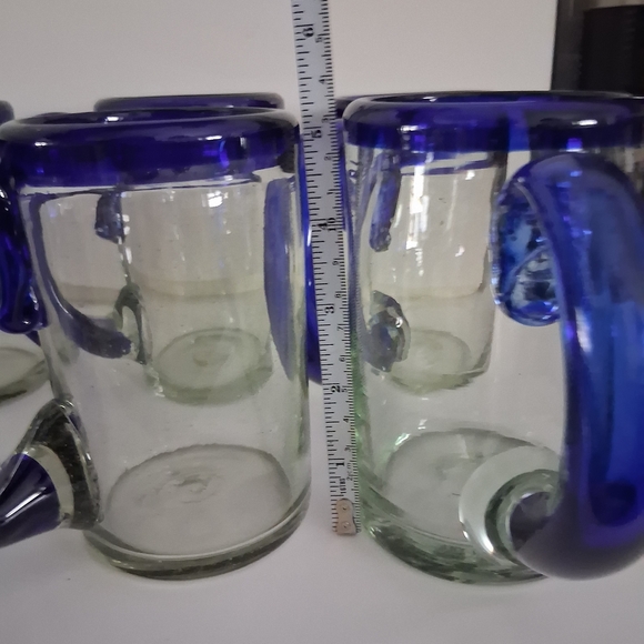 Mexican Hand Blown Blue Rimmed Glass Mugs Set Of 6 - Picture 7 of 8